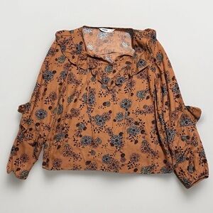Sonoma Brown Floral Peasant Blouse Ruffle Details Boho Long Sleeve Size Small